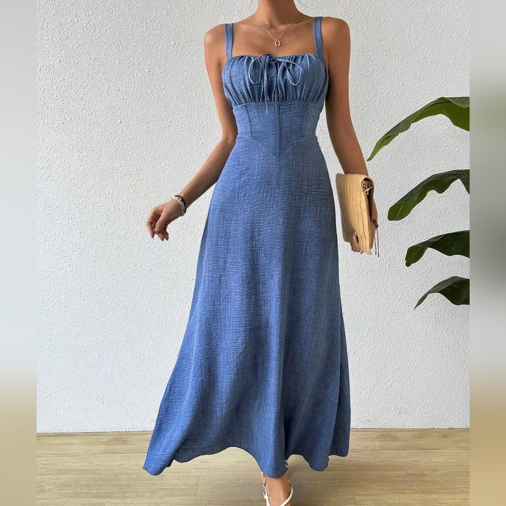Pleated Bust Tie Strap Cami Dress - Picture 3 of 5